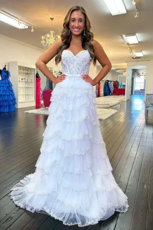 A Line Open Back Layered White Lace Long Prom Dress, White Lace Formal Dress, Long White Evening Dress A2114