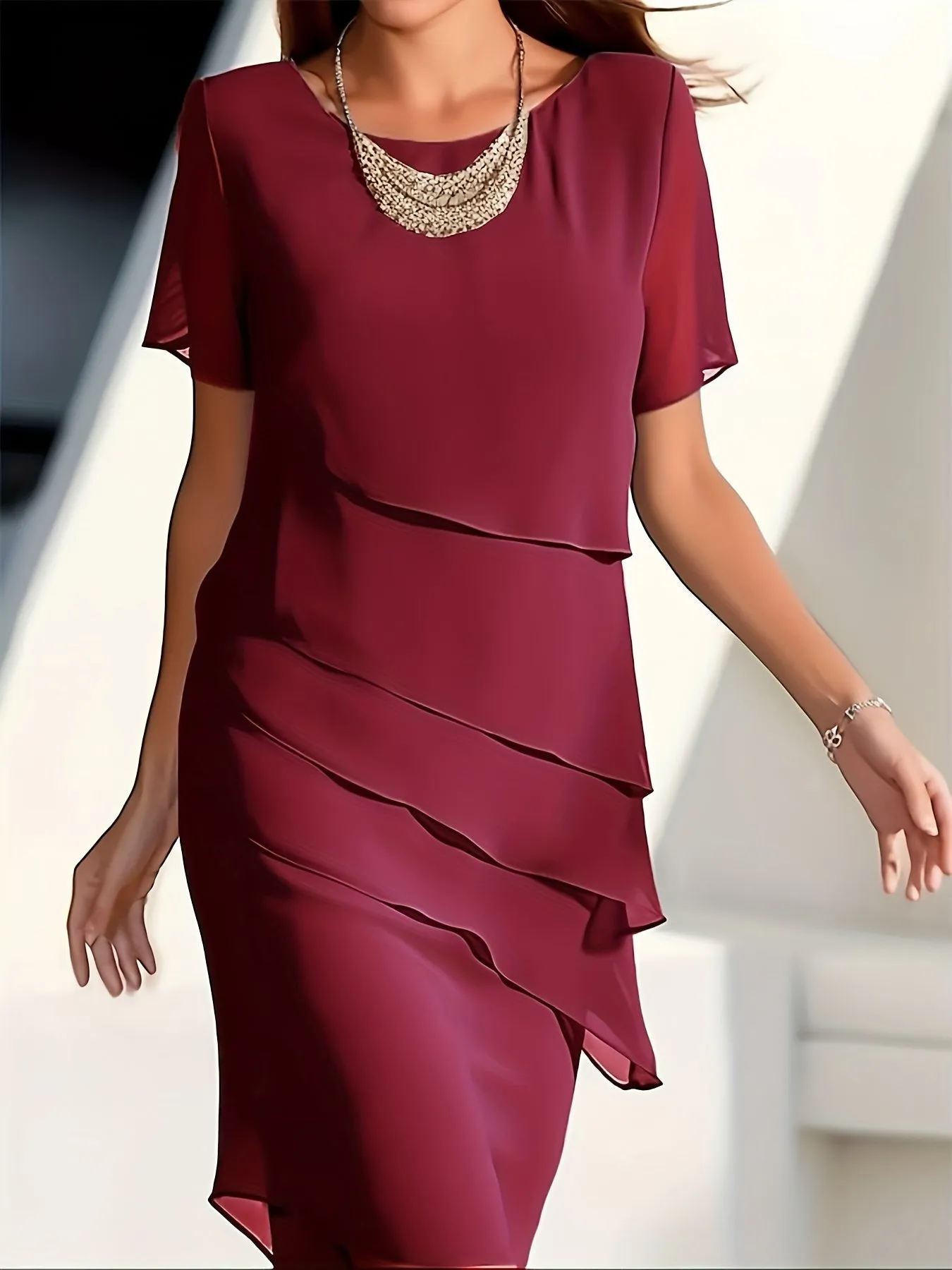 Amadis® | Cotton Layered Trim Round Neck Short Sleeve Evening Dress For Women