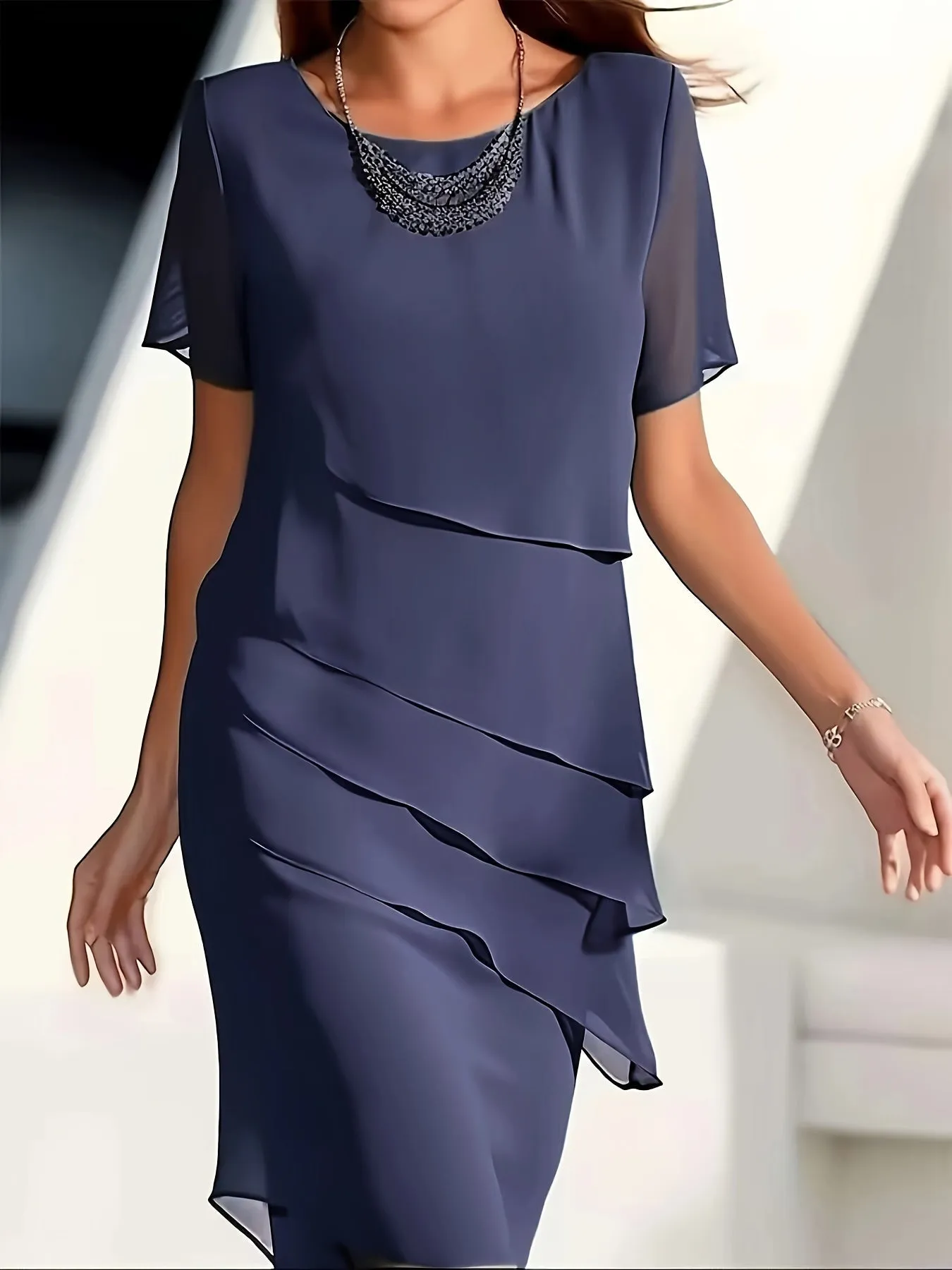 Amadis® | Cotton Layered Trim Round Neck Short Sleeve Evening Dress For Women
