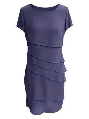 Amadis® | Cotton Layered Trim Round Neck Short Sleeve Evening Dress For Women