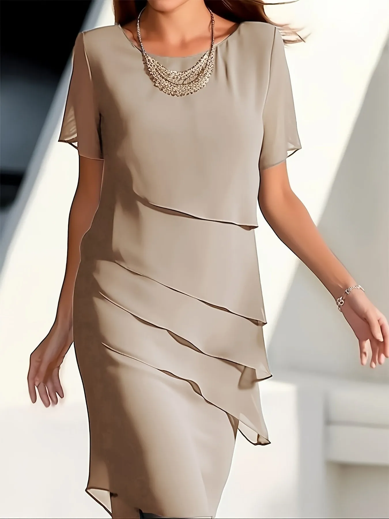 Amadis® | Cotton Layered Trim Round Neck Short Sleeve Evening Dress For Women