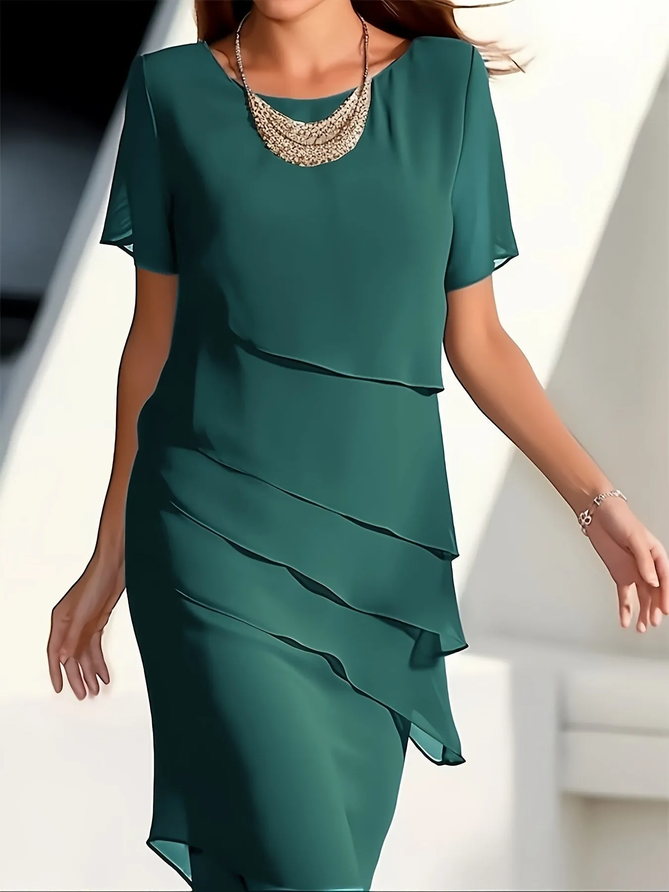 Amadis® | Cotton Layered Trim Round Neck Short Sleeve Evening Dress For Women