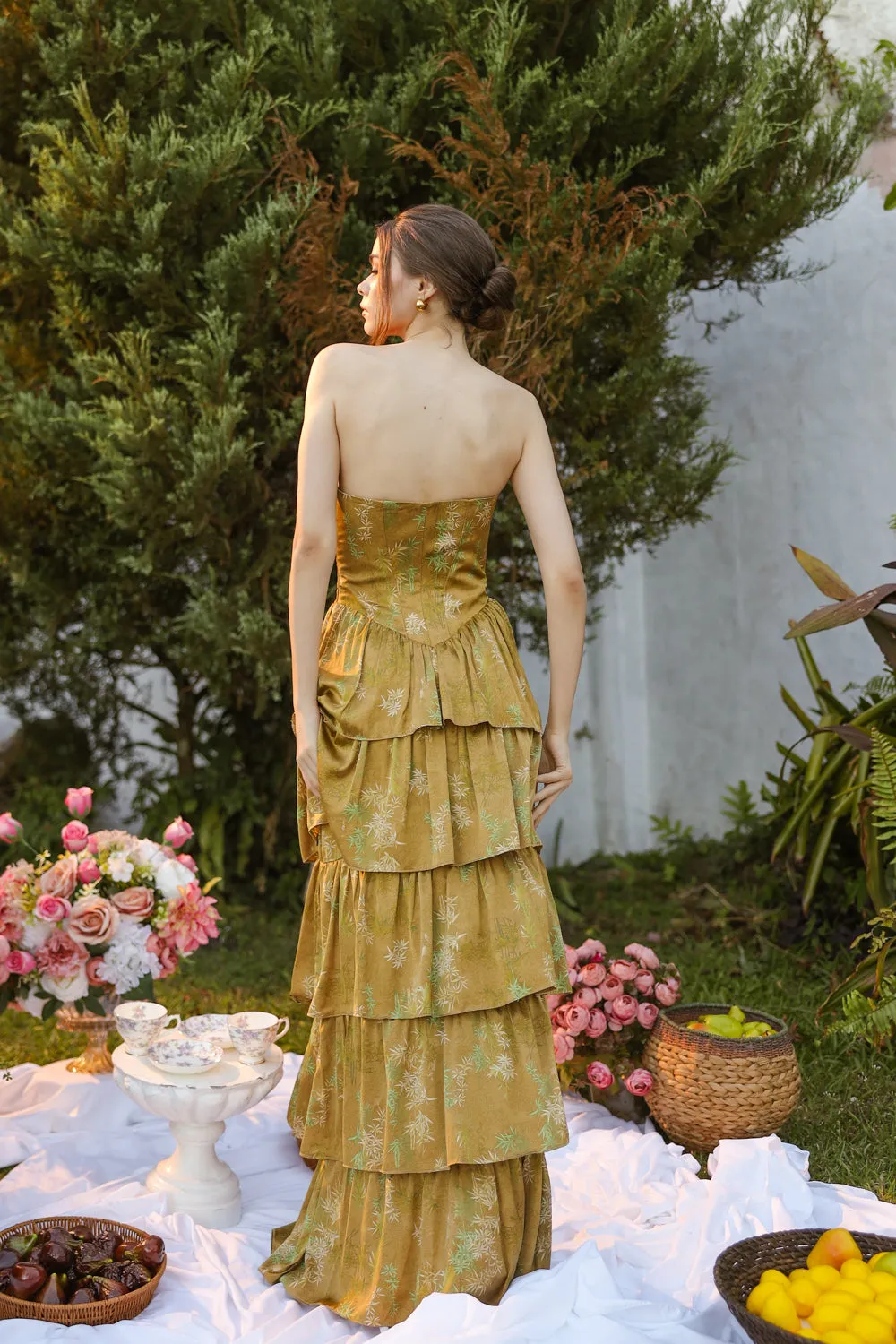 AURORA Strapless Drop Waist Maxi Dress with Layered Skirt (Olive Floral Silk)