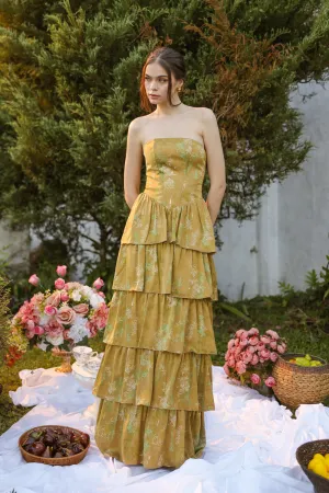 AURORA Strapless Drop Waist Maxi Dress with Layered Skirt (Olive Floral Silk)