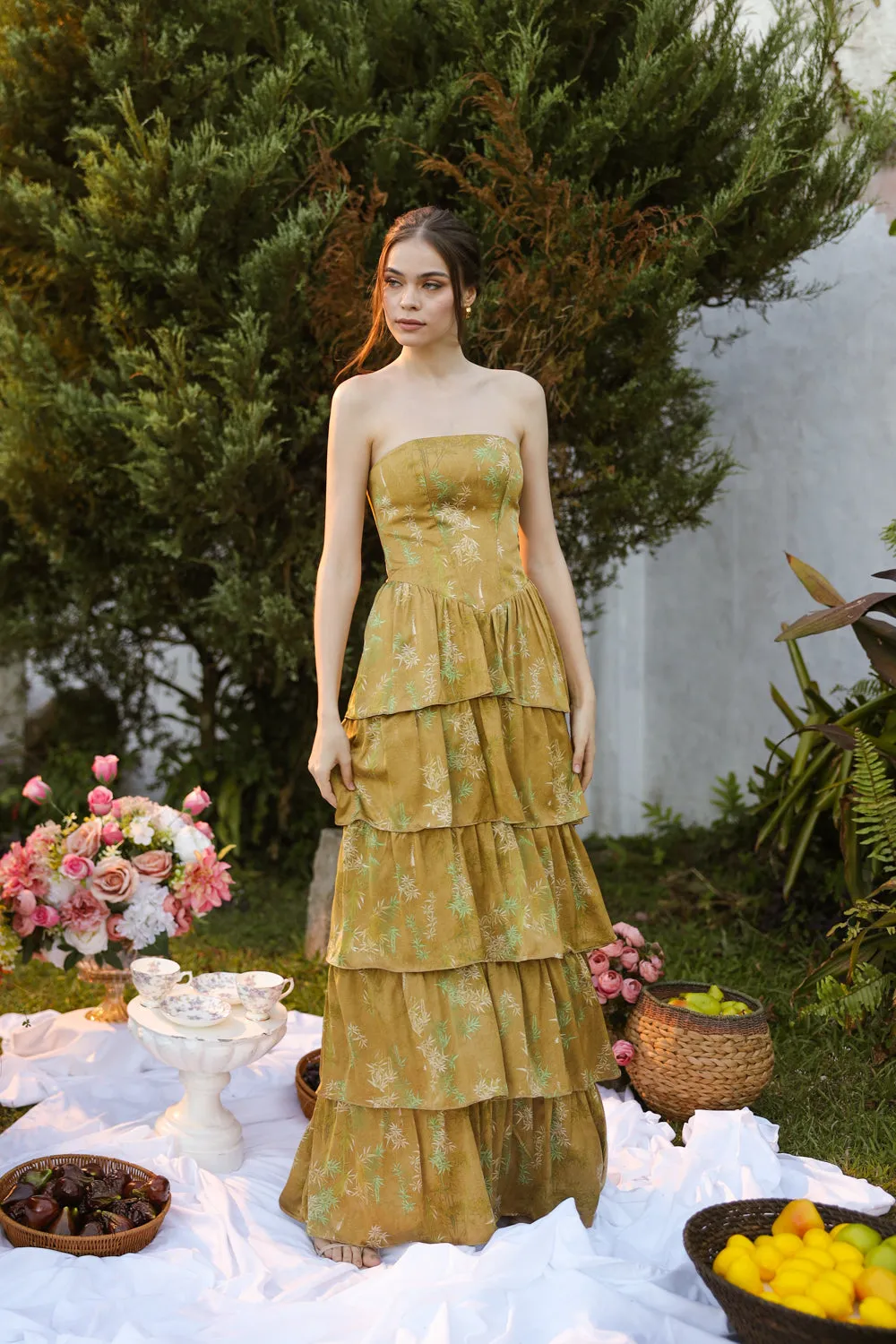 AURORA Strapless Drop Waist Maxi Dress with Layered Skirt (Olive Floral Silk)