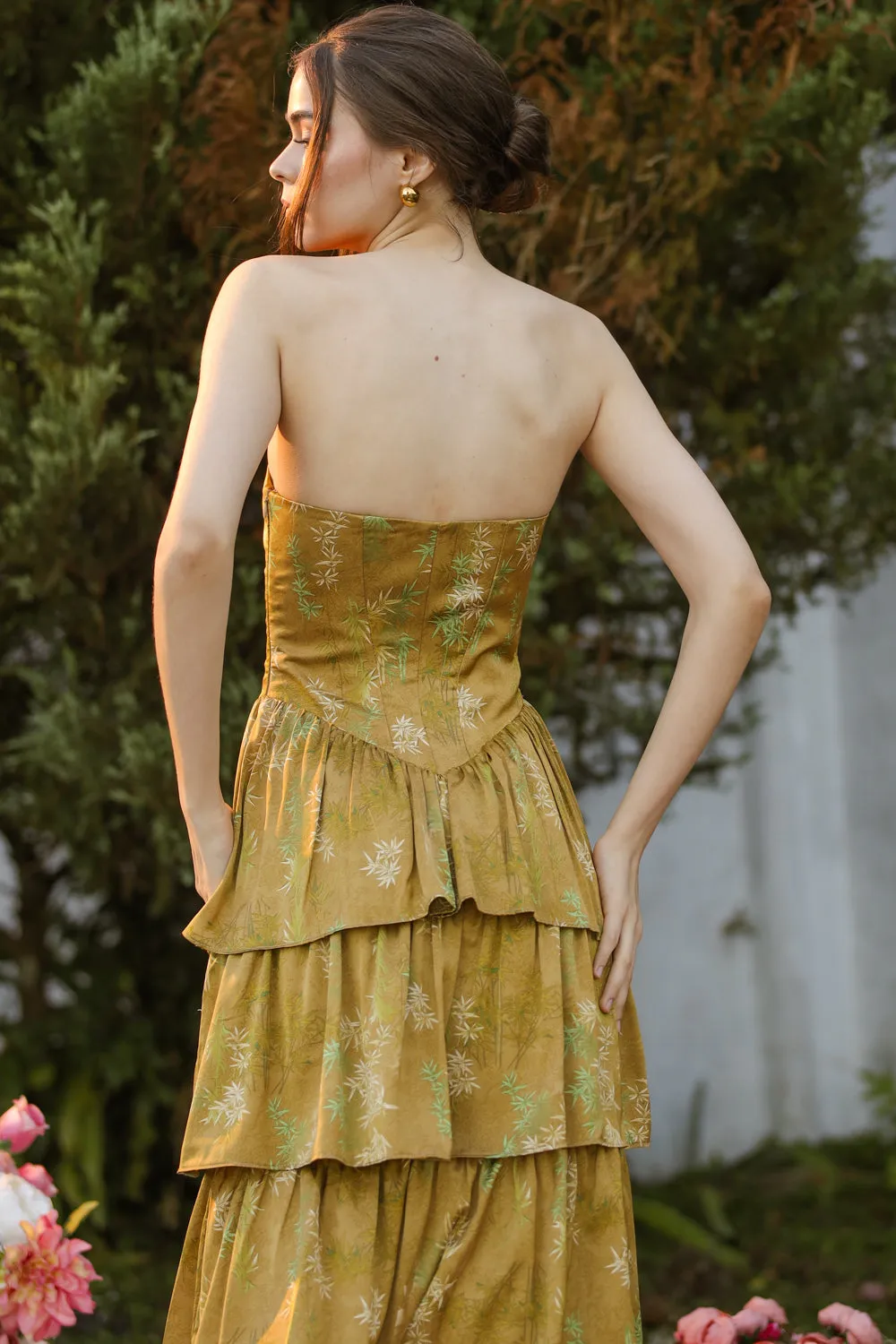 AURORA Strapless Drop Waist Maxi Dress with Layered Skirt (Olive Floral Silk)