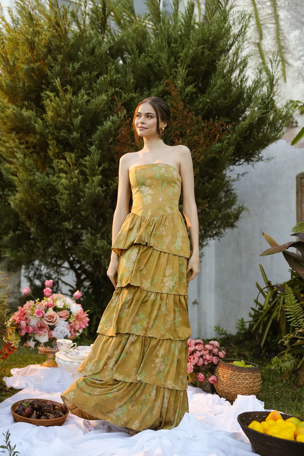 AURORA Strapless Drop Waist Maxi Dress with Layered Skirt (Olive Floral Silk)