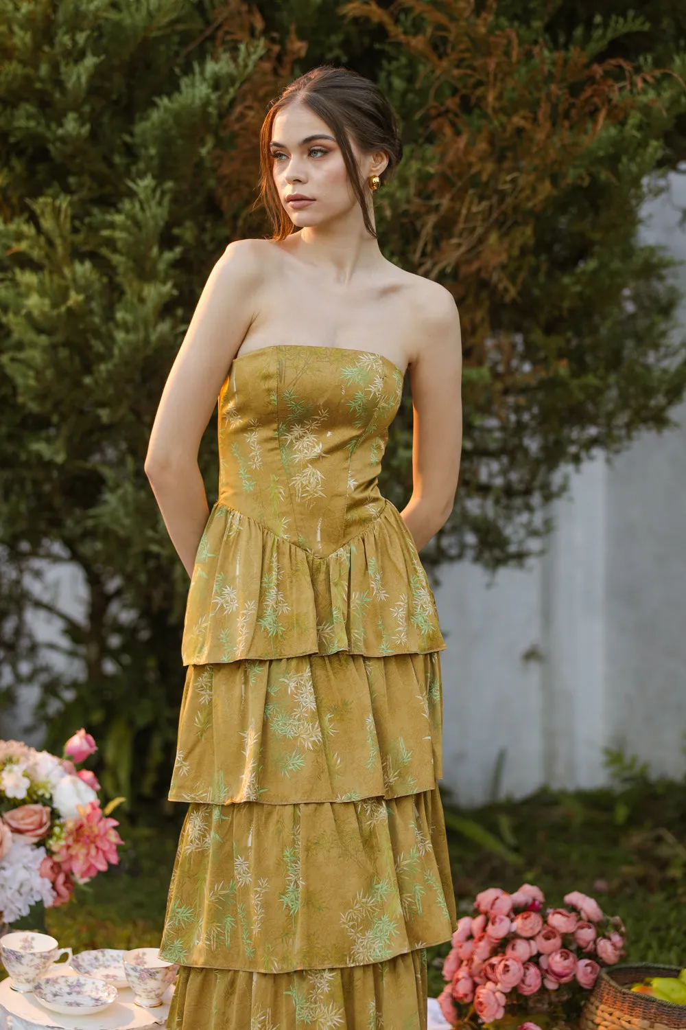 AURORA Strapless Drop Waist Maxi Dress with Layered Skirt (Olive Floral Silk)