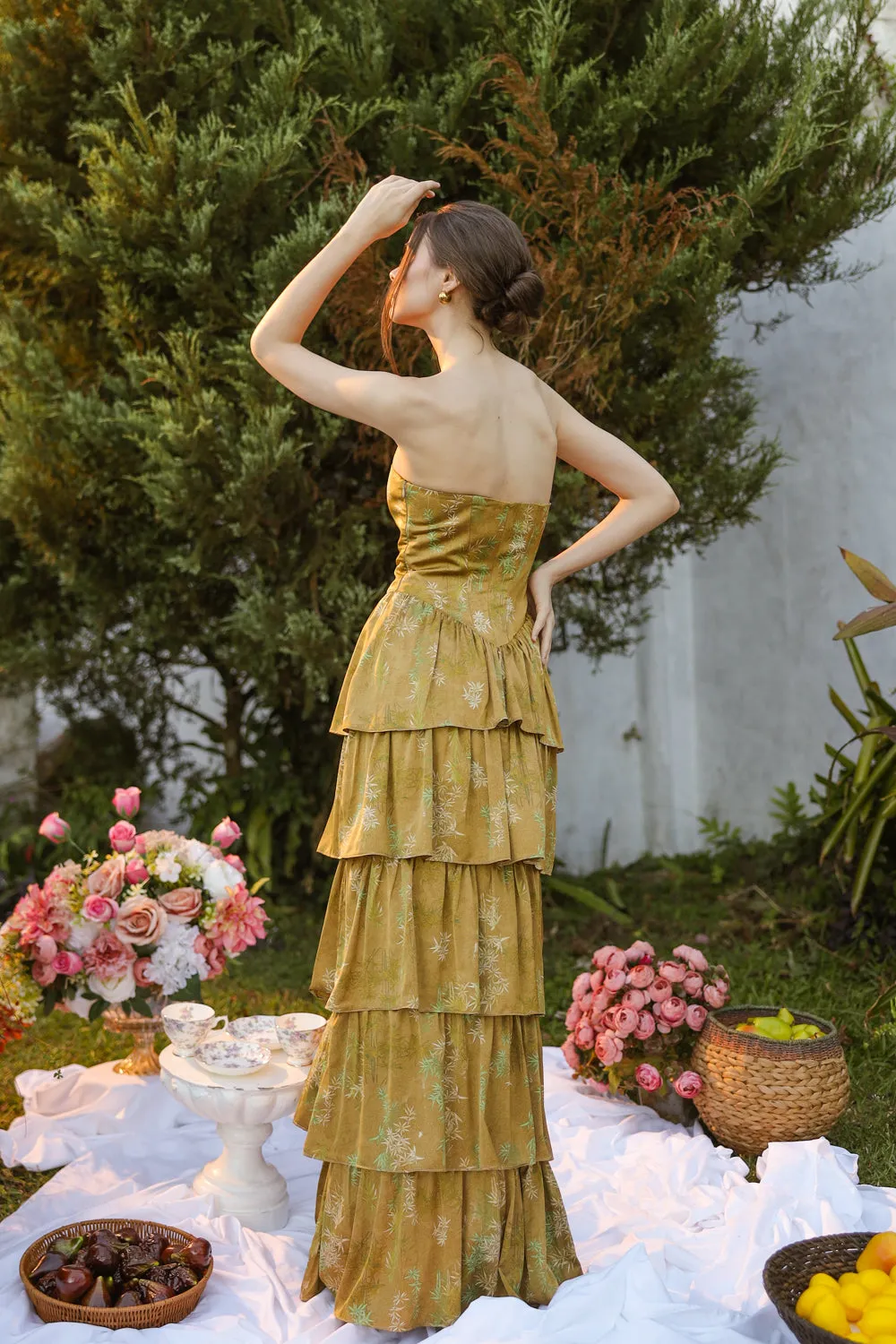 AURORA Strapless Drop Waist Maxi Dress with Layered Skirt (Olive Floral Silk)
