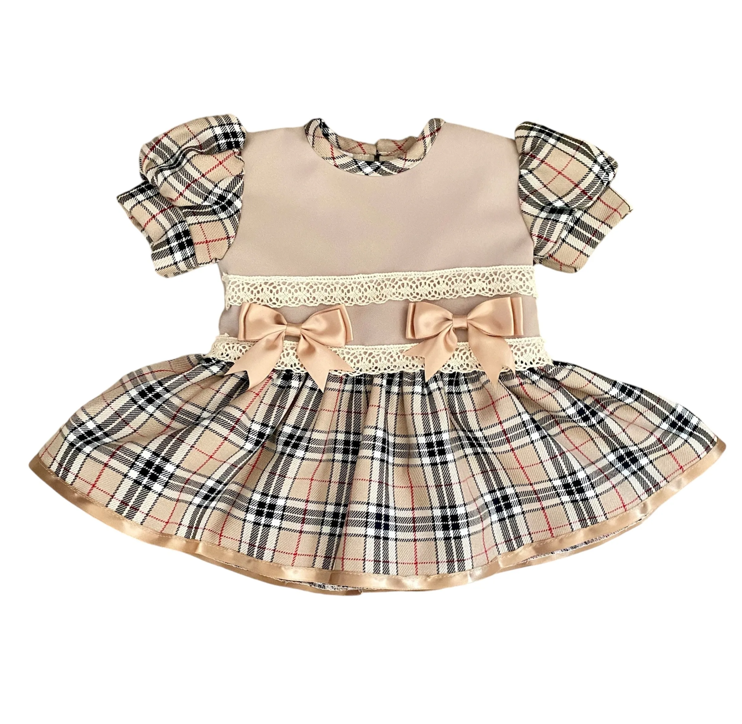 Baby Girls Burberry Inspired  Dress with bows &  lace