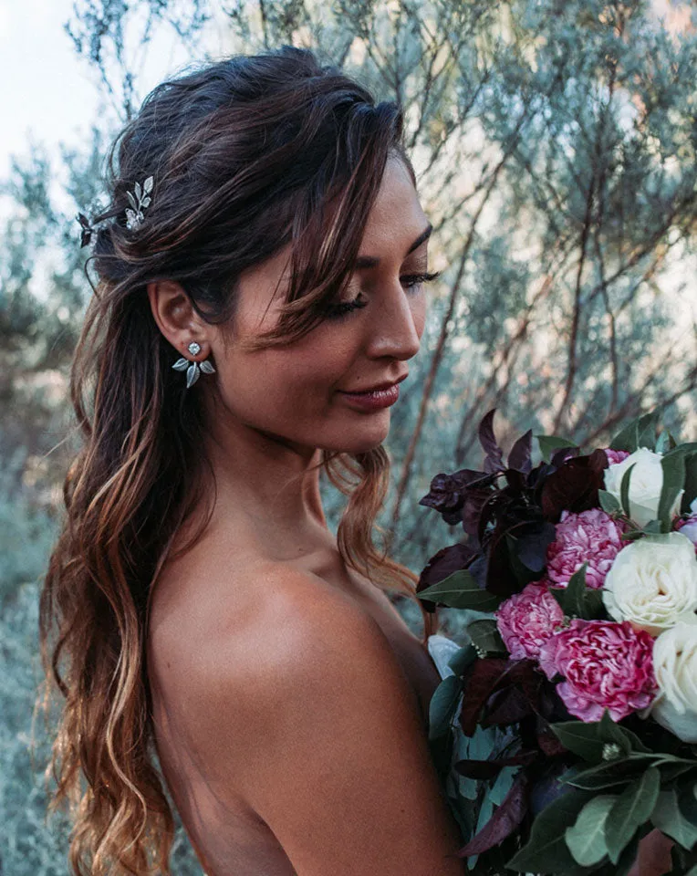 Bridal earrings - crystal stud and leaf jacket - Be-Leaf in Me at Kezani