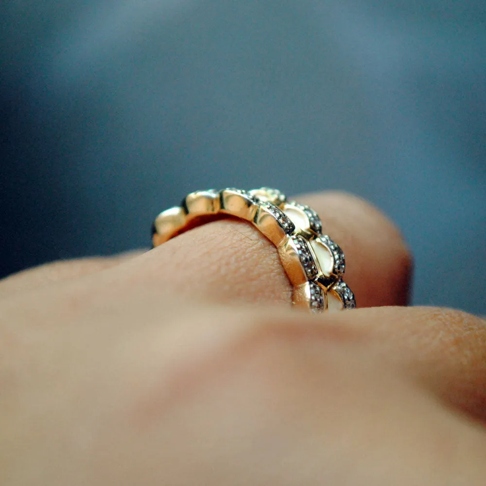 Broad Scalloped White Enamel and Diamond Band