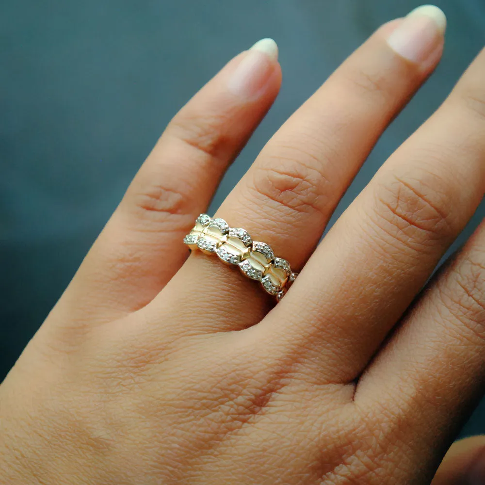 Broad Scalloped White Enamel and Diamond Band