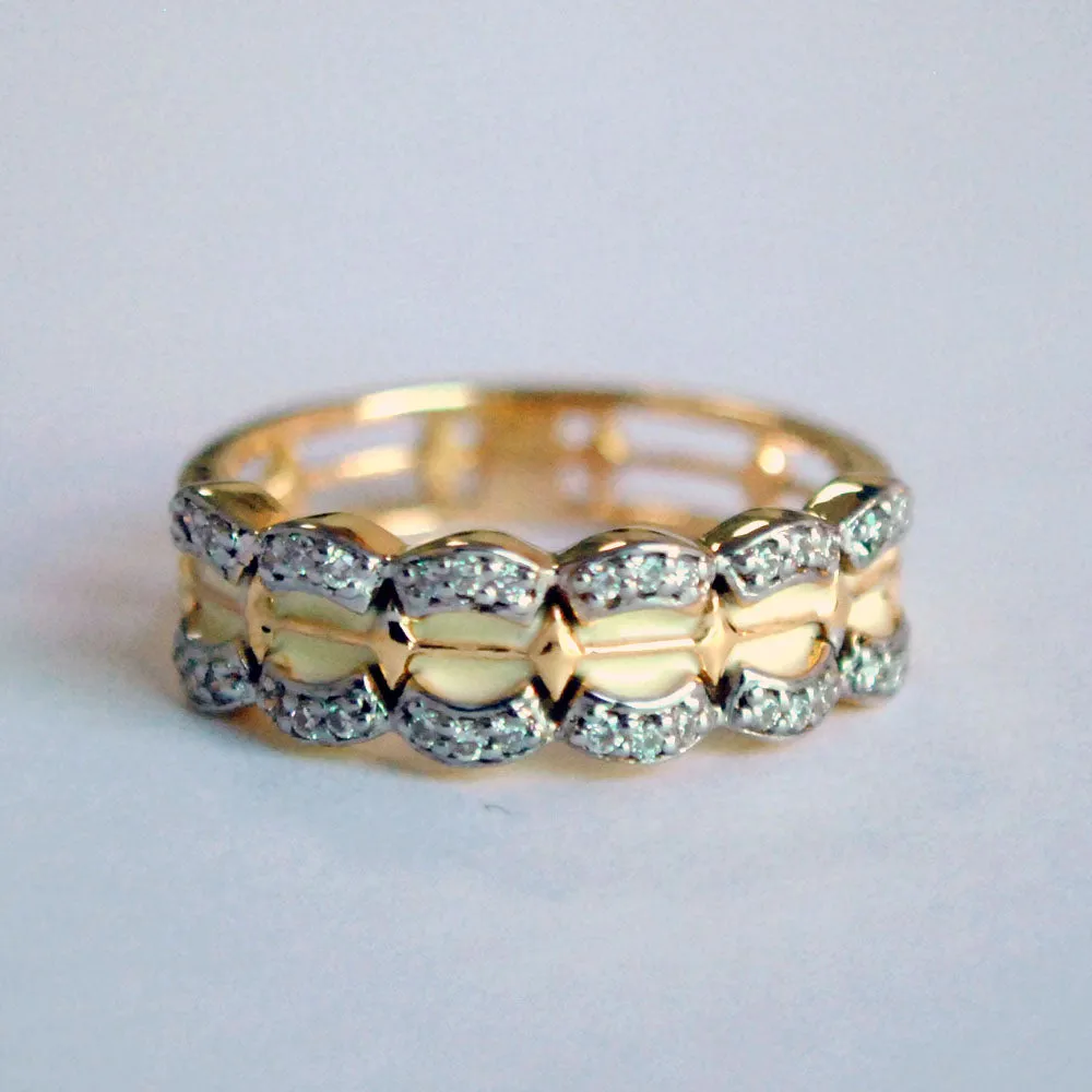 Broad Scalloped White Enamel and Diamond Band