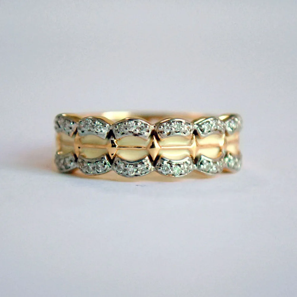 Broad Scalloped White Enamel and Diamond Band