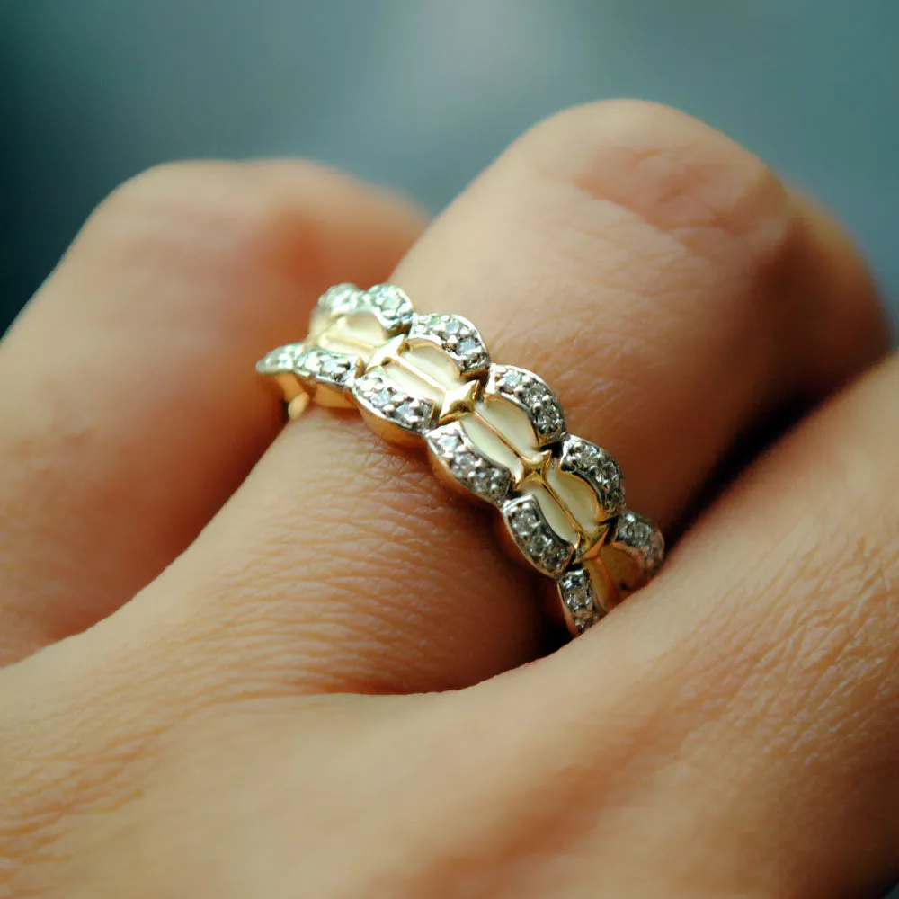 Broad Scalloped White Enamel and Diamond Band