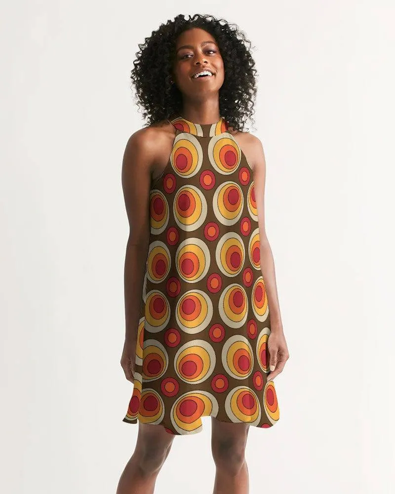 Brown Retro Circles Halter Dress