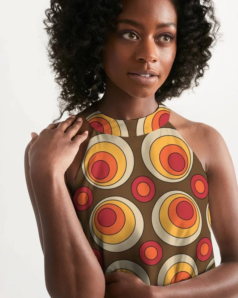 Brown Retro Circles Halter Dress