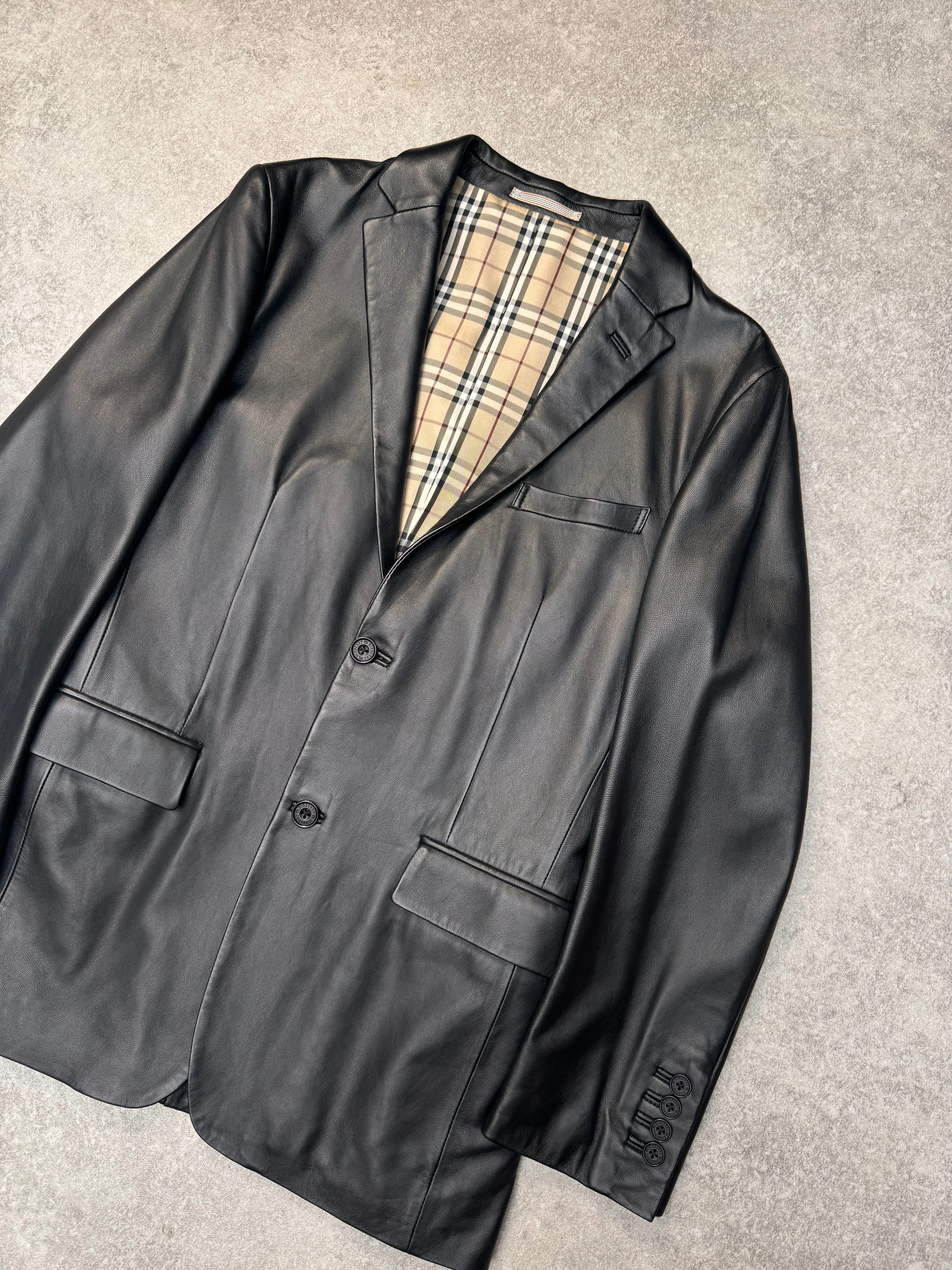 Burberry Black Label Nova Check Lined Black Leather Jacket