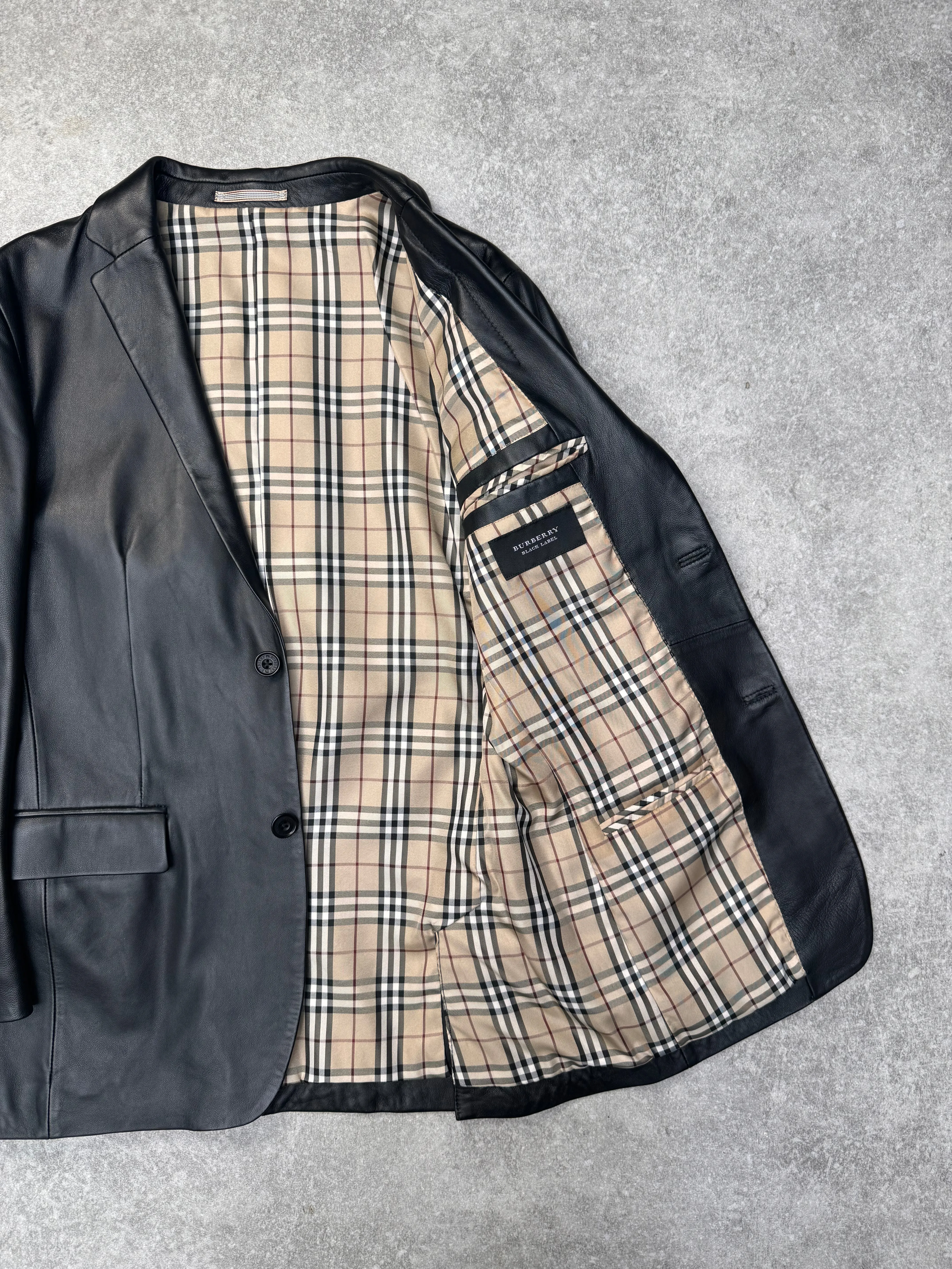 Burberry Black Label Nova Check Lined Black Leather Jacket