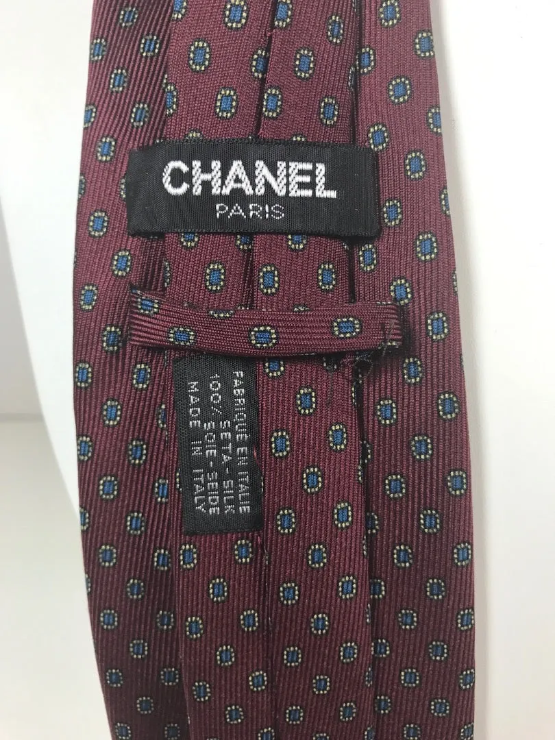 CHANEL Navy and Maroon Striped Neck Tie with Gold Chain Chanel