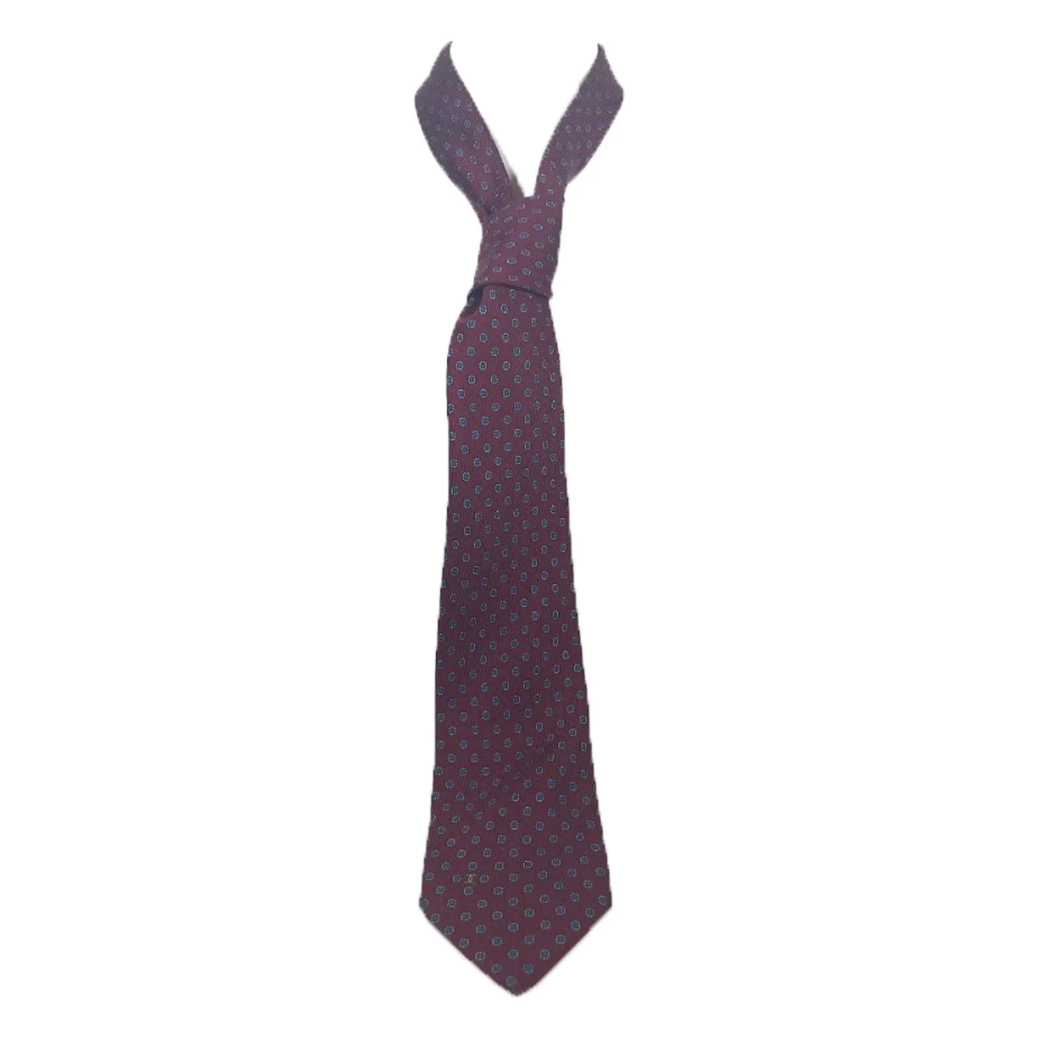 CHANEL Navy and Maroon Striped Neck Tie with Gold Chain Chanel