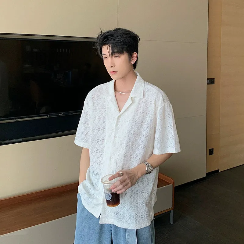 Cuban Collar Short Sleeve Lace Shirt