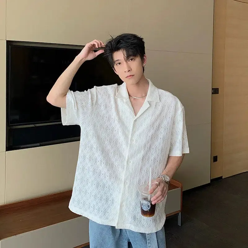 Cuban Collar Short Sleeve Lace Shirt