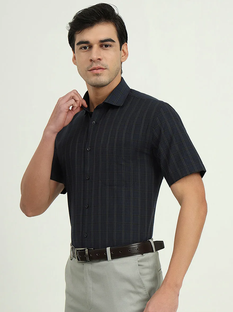 Dark Blue & Green Checked Regular Fit Formal Shirt | Greenfire