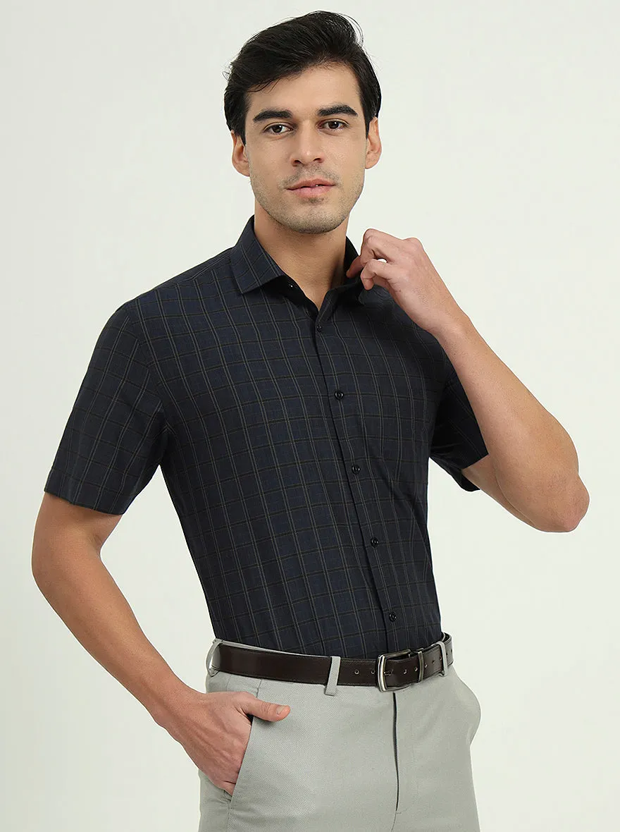 Dark Blue & Green Checked Regular Fit Formal Shirt | Greenfire