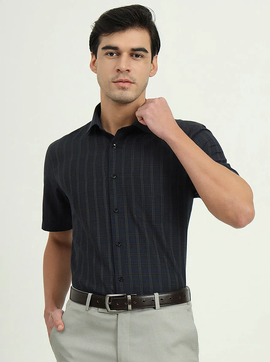 Dark Blue & Green Checked Regular Fit Formal Shirt | Greenfire