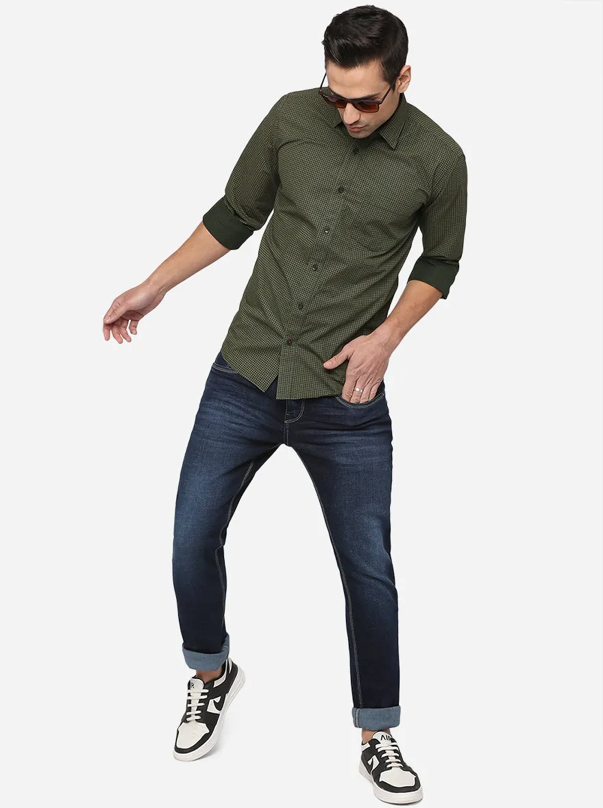 Dark Green Printed Slim Fit Casual Shirt | JadeBlue