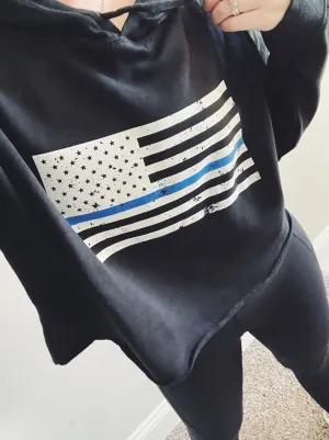 Distressed Standard Flag © Ladies Cropped Hooded Sweatshirt (Black   Select Your Line)