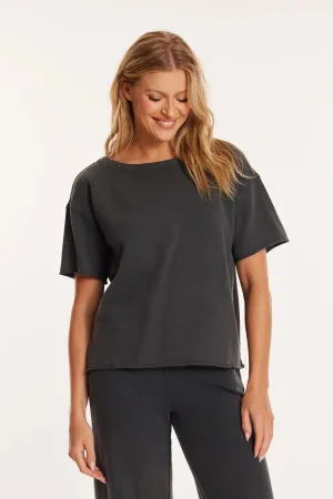 Elbow Sleeve Boat Neck Boxy Top in Washed Ebony