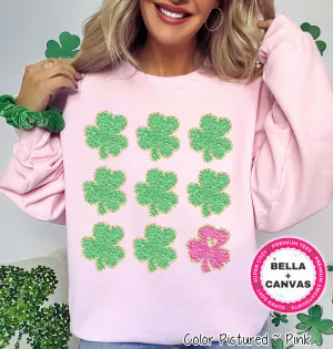 Faux Chenille Patch Clovers St Patricks Day Tee or Sweatshirt