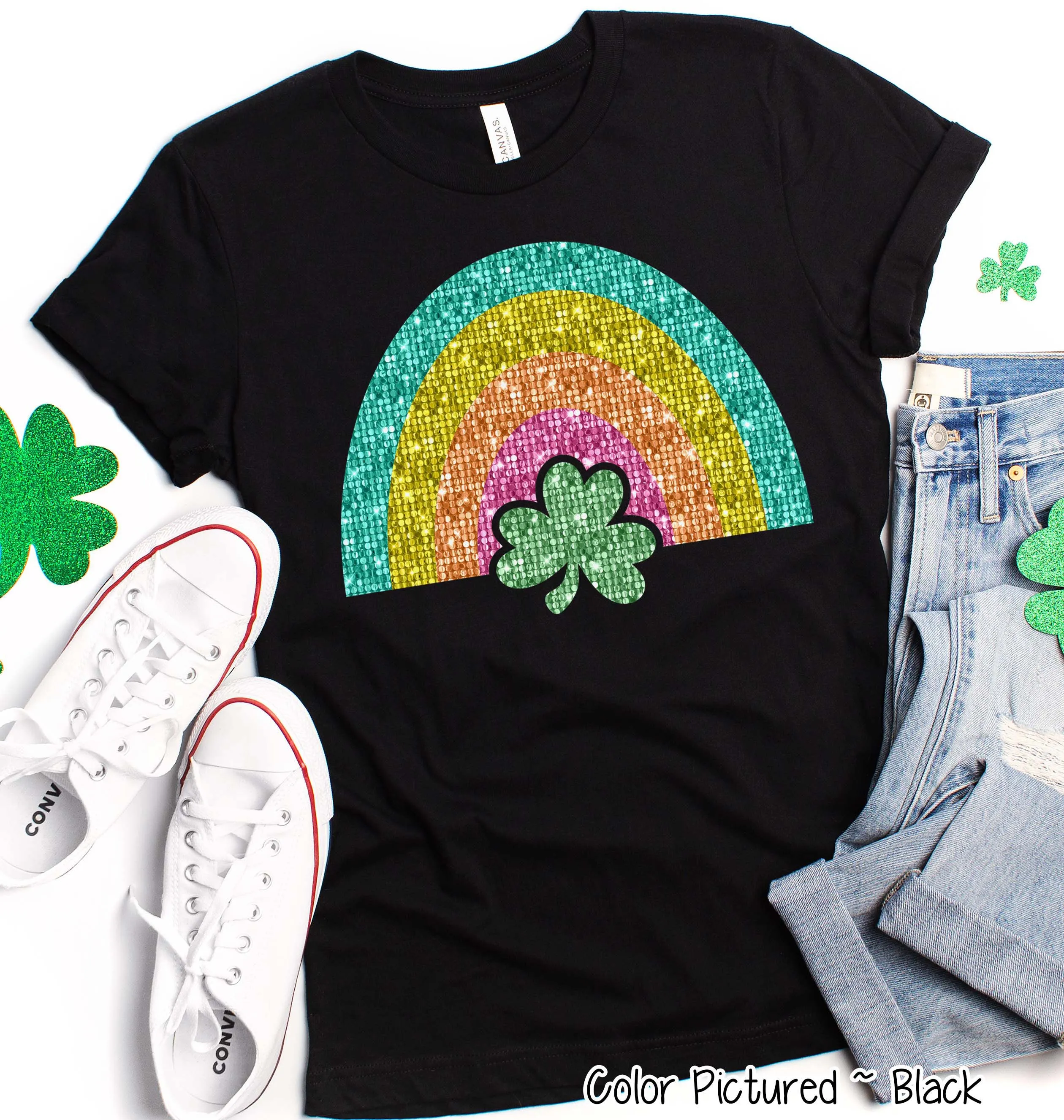 Faux Sequin Rainbow St Patricks Day Tee or Sweatshirt