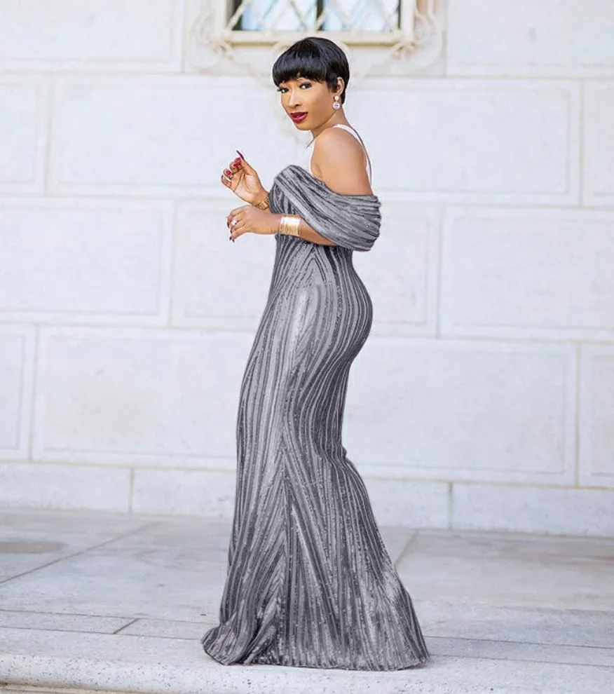 FINAL SALE! Mandy Luxe- Cold Shoulder Mesh/Sequin Floor Length Dress (CLEARANCE OUTLET! Final Sale/No Return/No Exchange!)