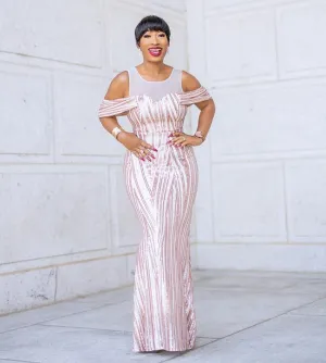 FINAL SALE! Mandy Luxe- Cold Shoulder Mesh/Sequin Floor Length Dress (CLEARANCE OUTLET! Final Sale/No Return/No Exchange!)