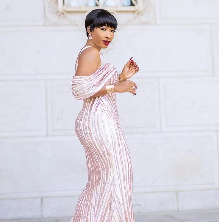 FINAL SALE! Mandy Luxe- Cold Shoulder Mesh/Sequin Floor Length Dress (CLEARANCE OUTLET! Final Sale/No Return/No Exchange!)