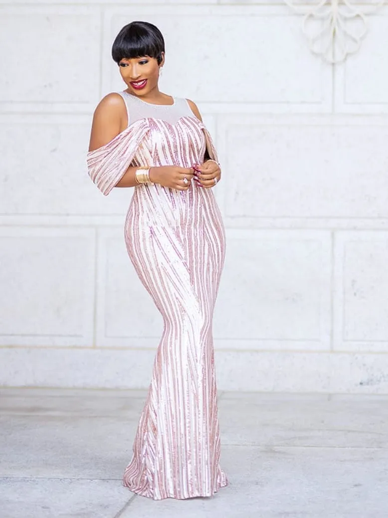FINAL SALE! Mandy Luxe- Cold Shoulder Mesh/Sequin Floor Length Dress (CLEARANCE OUTLET! Final Sale/No Return/No Exchange!)