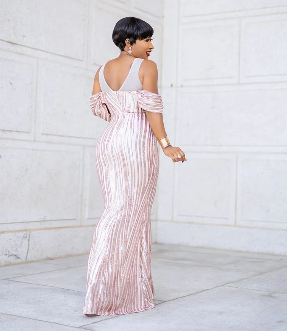 FINAL SALE! Mandy Luxe- Cold Shoulder Mesh/Sequin Floor Length Dress (CLEARANCE OUTLET! Final Sale/No Return/No Exchange!)