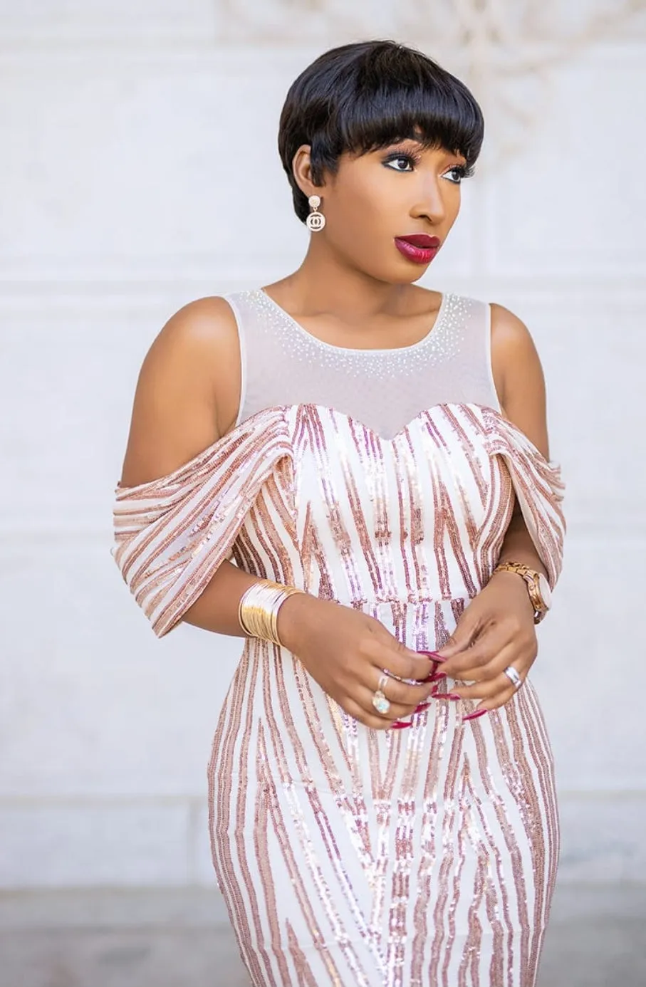 FINAL SALE! Mandy Luxe- Cold Shoulder Mesh/Sequin Floor Length Dress (CLEARANCE OUTLET! Final Sale/No Return/No Exchange!)