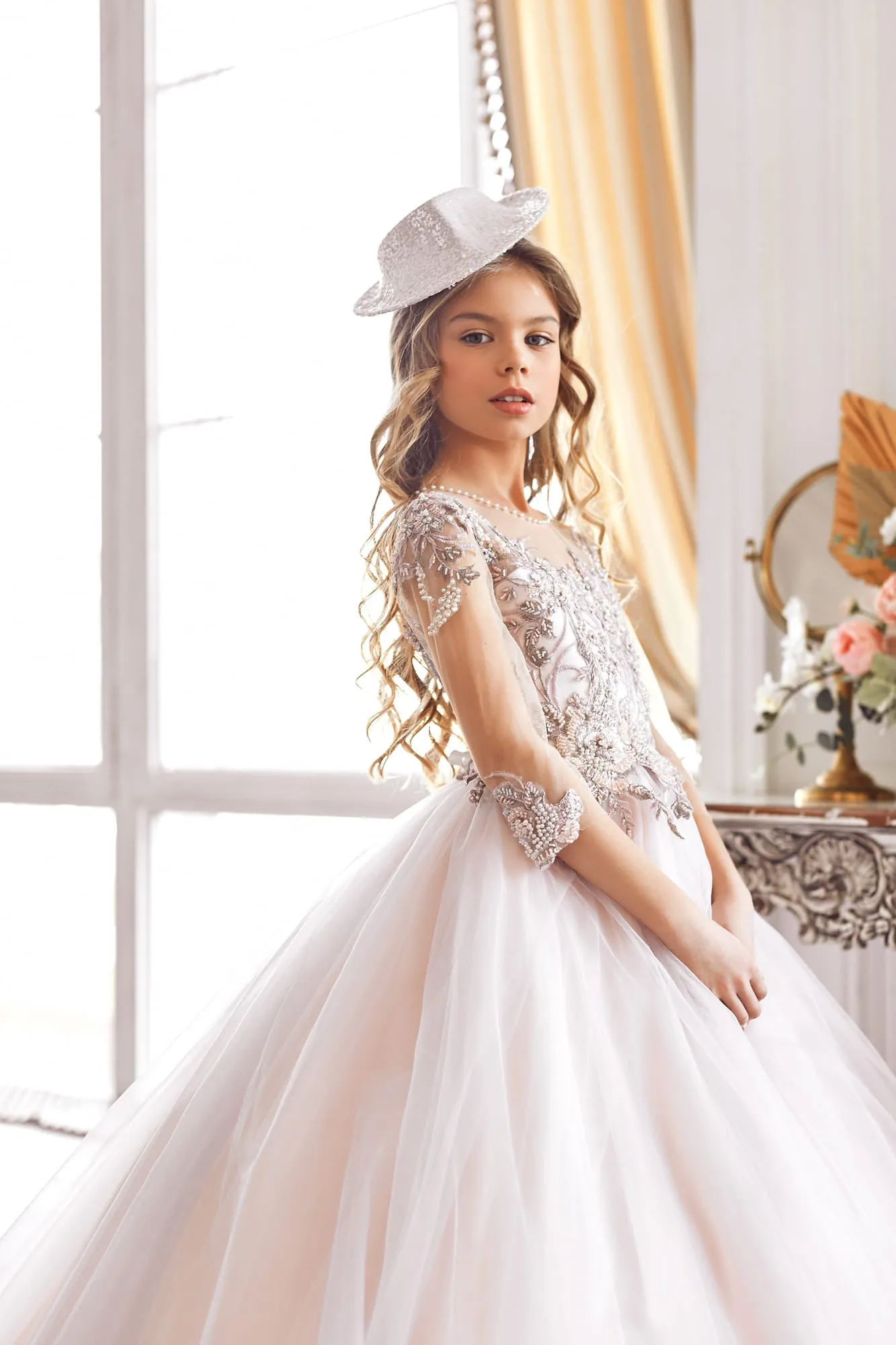 Floral Junior Bridesmaid Dress with Fitted Sleeves