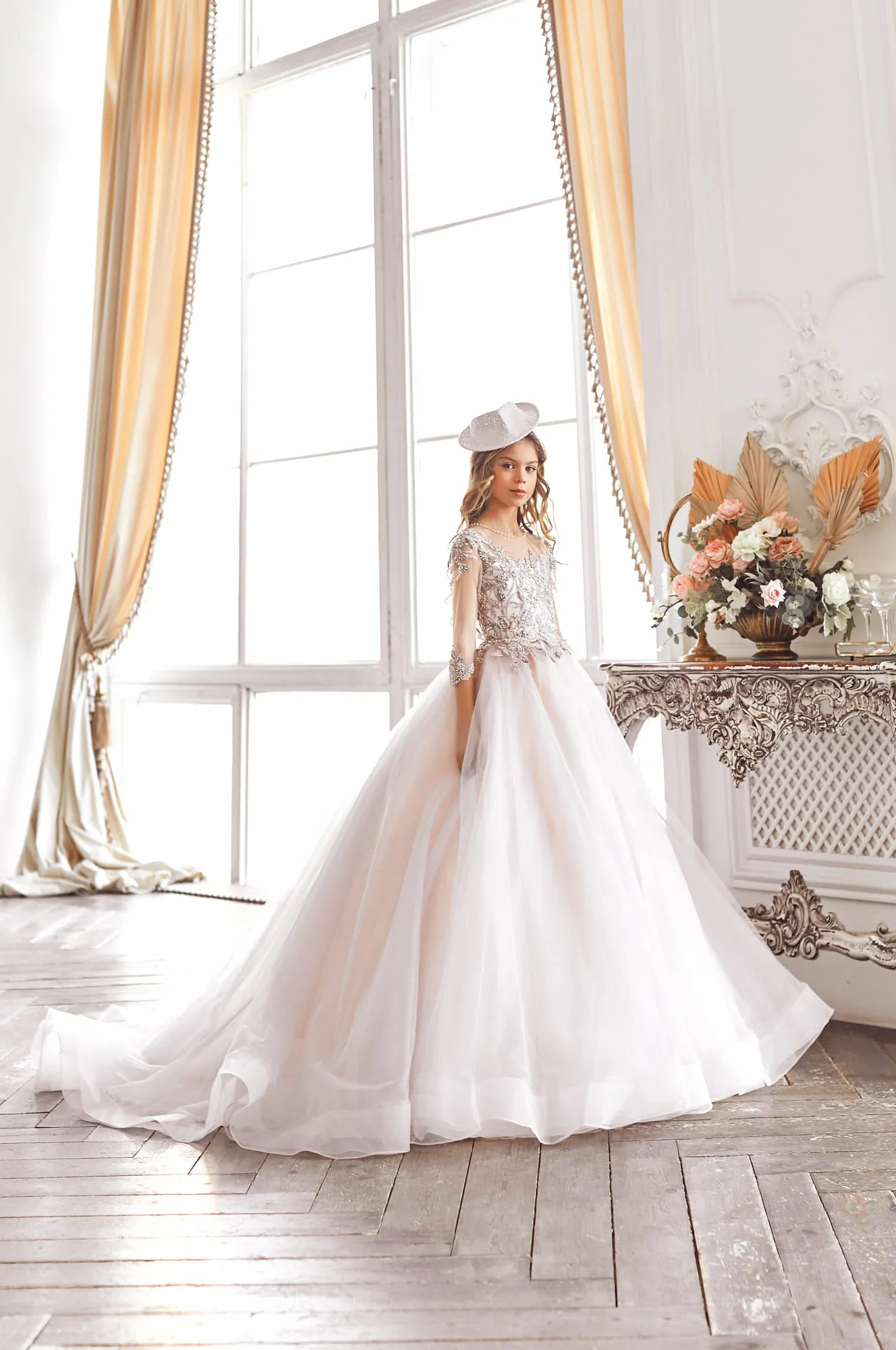 Floral Junior Bridesmaid Dress with Fitted Sleeves