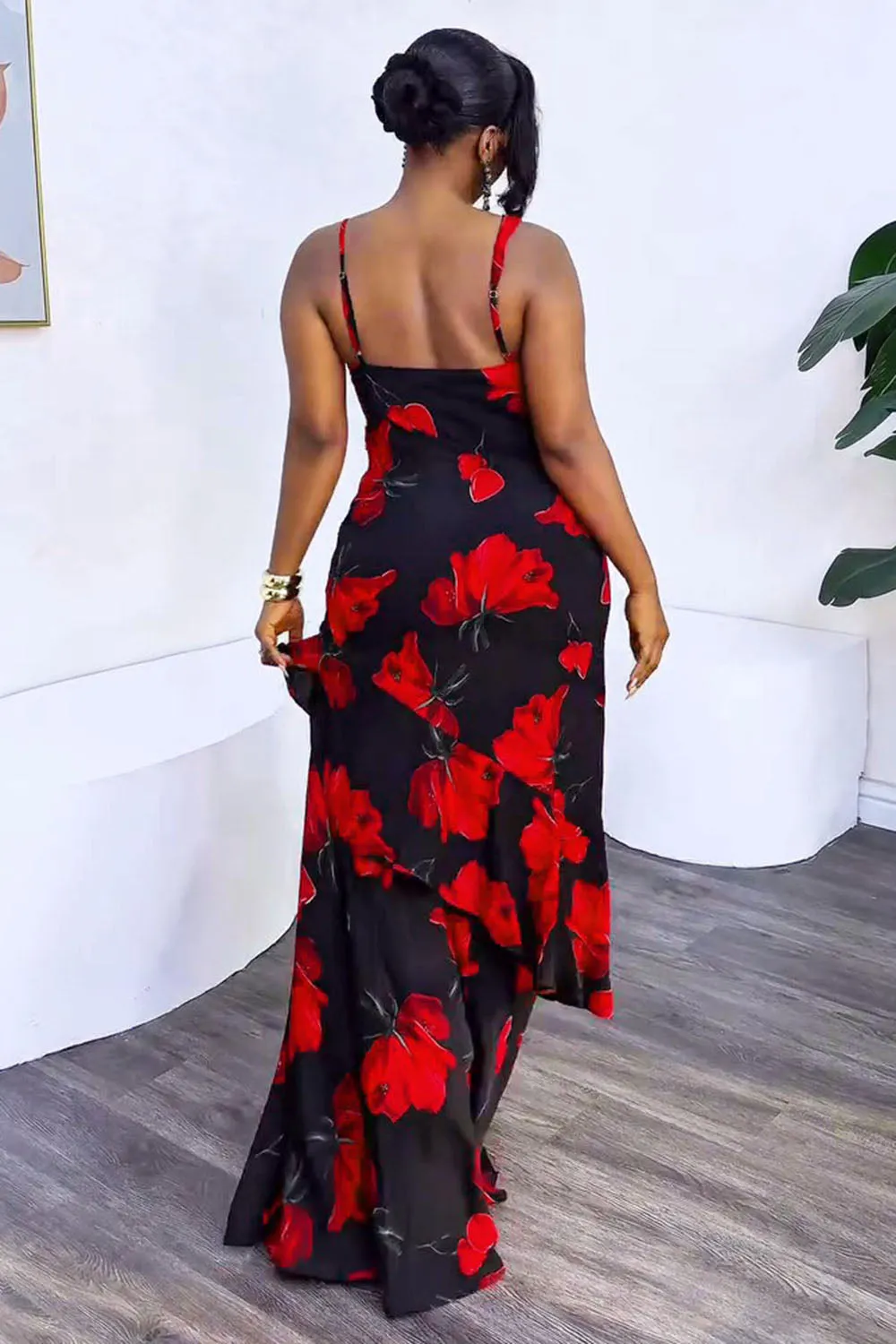 Floral Print Asymmetric Cami Layered Party Maxi Dresses-Black [Pre Order]