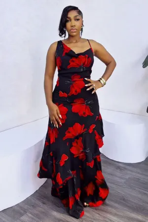 Floral Print Asymmetric Cami Layered Party Maxi Dresses-Black [Pre Order]