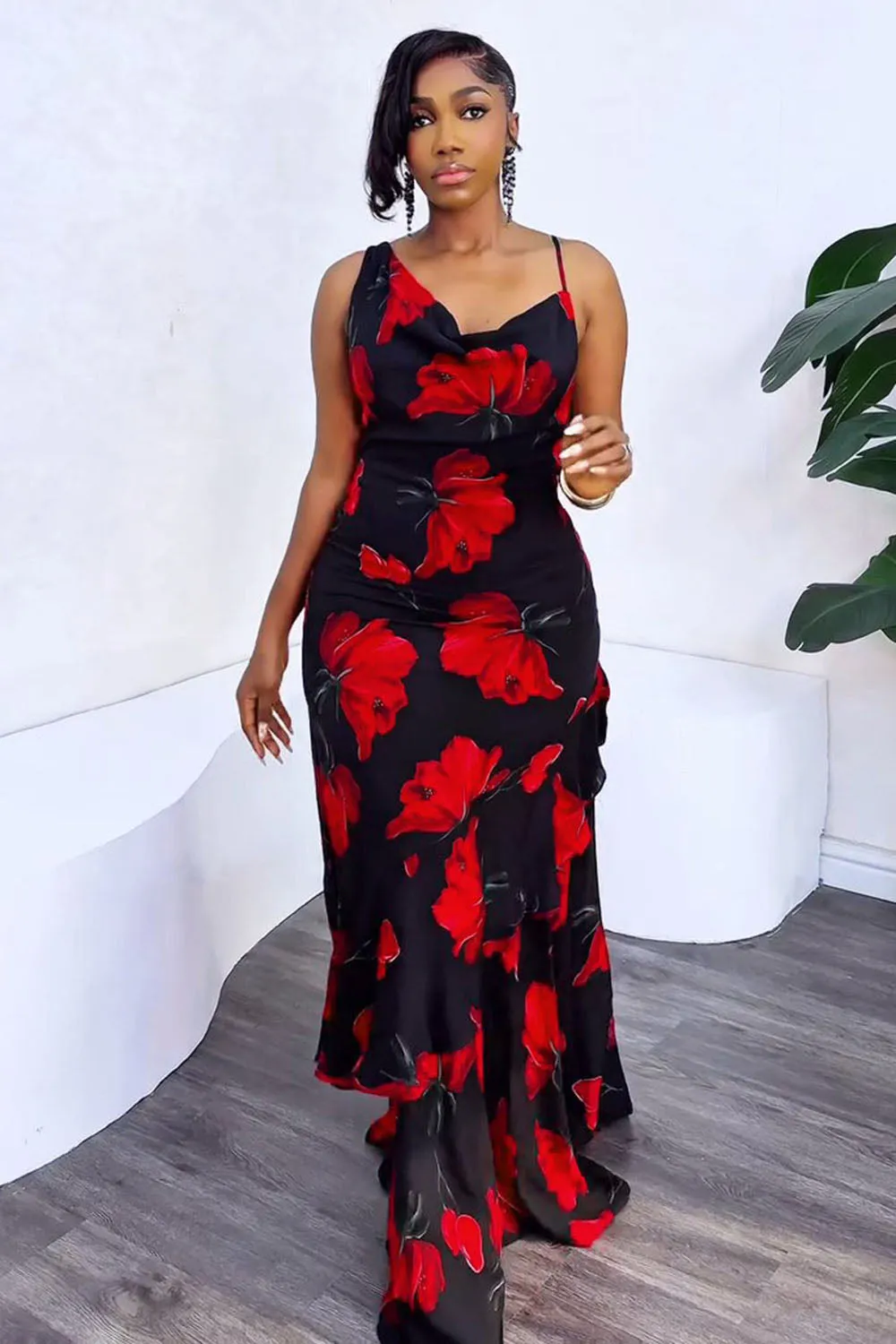 Floral Print Asymmetric Cami Layered Party Maxi Dresses-Black [Pre Order]