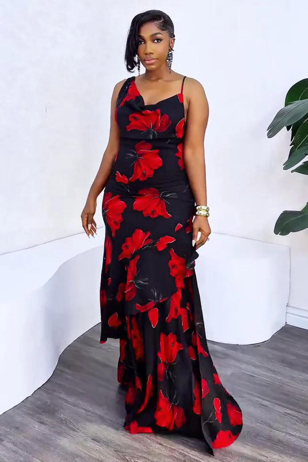 Floral Print Asymmetric Cami Layered Party Maxi Dresses-Black [Pre Order]