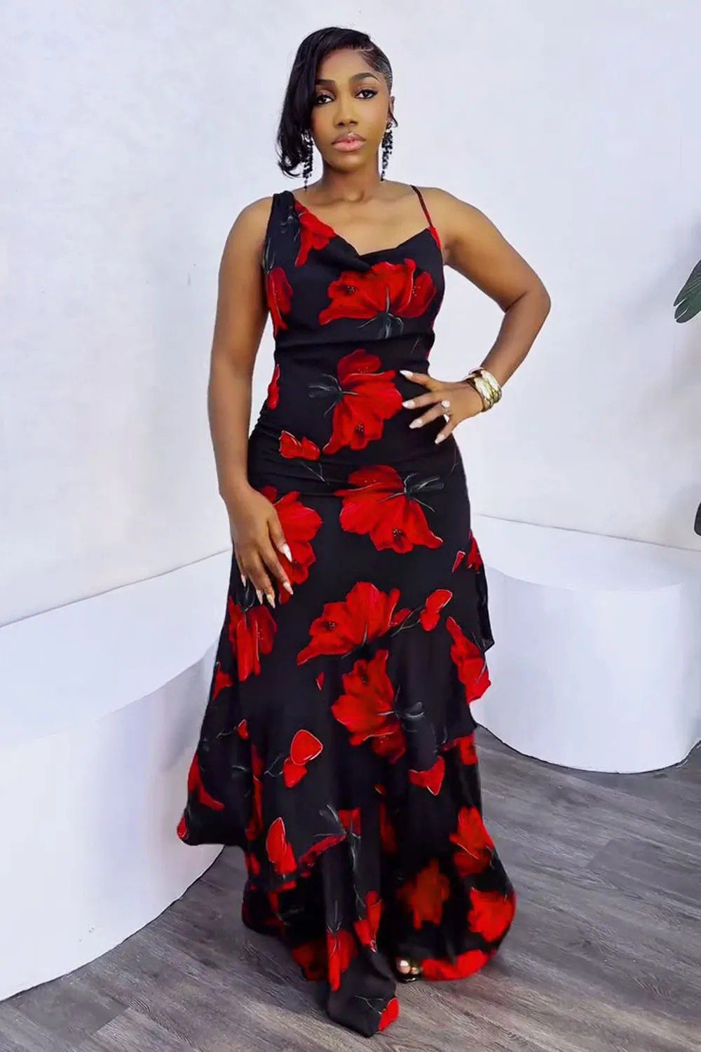 Floral Print Asymmetric Cami Layered Party Maxi Dresses-Black [Pre Order]