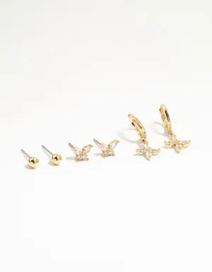 Gold Plated Brass Cubic Zirconia Butterfly & Flower Earrings 4-Pack